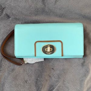 Kate Spade Turnlock wristlet wallet Robins Egg NWT